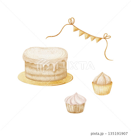 Watercolor cake on gold plate cupcakes candle garland. Hand-drawn dessert illustration in childish style. Elements isolated from background for menu design, cards invitations, baby birthdays weddings Watercolor cake on gold plate cupcakes candle garland. Hand-drawn dessert illustration in childish style. Elements isolated from background for menu design, cards invitations, baby birthdays weddings 135191907