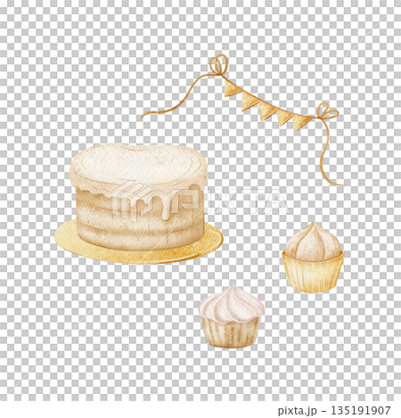 Watercolor cake on gold plate cupcakes candle garland. Hand-drawn dessert illustration in childish style. Elements isolated from background for menu design, cards invitations, baby birthdays weddings Watercolor cake on gold plate cupcakes candle garland. Hand-drawn dessert illustration in childish style. Elements isolated from background for menu design, cards invitations, baby birthdays weddings 135191907