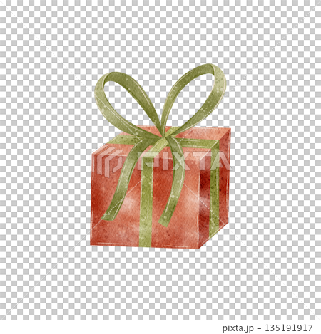 Red gift box, green ribbon, bow. Hand-drawn watercolor illustration in childish retro style. Image present isolated from background. Festive elements for card design, Christmas, birthdays, holidays Red gift box, green ribbon, bow. Hand-drawn watercolor illustration in childish retro style. Image present isolated from background. Festive elements for card design, Christmas, birthdays, holidays 135191917