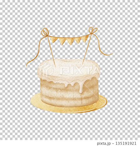 Wedding cake, garland on sticks. Watercolor illustration of holiday dessert, hand-drawn in childish style. Element isolated from background for design card greeting, birthday invitations, baby showers Wedding cake, garland on sticks. Watercolor illustration of holiday dessert, hand-drawn in childish style. Element isolated from background for design card greeting, birthday invitations, baby showers 135191921