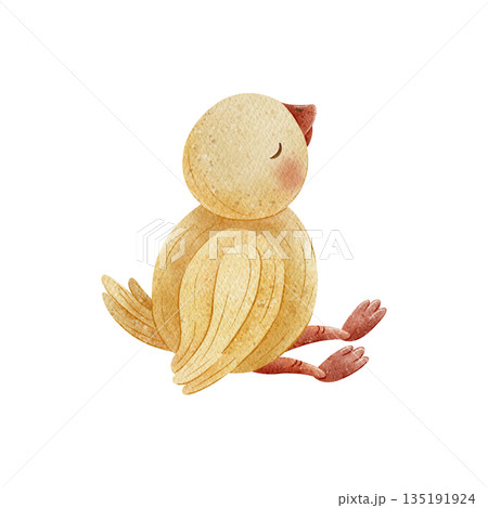 Duck yellow with red beak, paws sitting, looking up. Hand-drawn watercolor illustration in childish style. Pastel colored elements, isolated from background for card, invitation, decor, baby shower Duck yellow with red beak, paws sitting, looking up. Hand-drawn watercolor illustration in childish style. Pastel colored elements, isolated from background for card, invitation, decor, baby shower 135191924