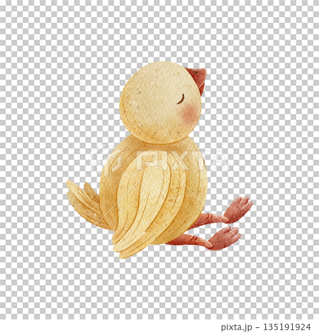 Duck yellow with red beak, paws sitting, looking up. Hand-drawn watercolor illustration in childish style. Pastel colored elements, isolated from background for card, invitation, decor, baby shower Duck yellow with red beak, paws sitting, looking up. Hand-drawn watercolor illustration in childish style. Pastel colored elements, isolated from background for card, invitation, decor, baby shower 135191924