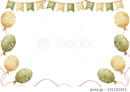 Watercolor frame of air balloons, garlands flags of yellow green color. Hand-drawn illustration in childish style. Template isolated on background for birthday card, poster, holiday invitation design 135191931