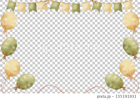 Watercolor frame of air balloons, garlands flags of yellow green color. Hand-drawn illustration in childish style. Template isolated on background for birthday card, poster, holiday invitation design 135191931