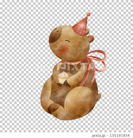 Capybara party hat, cupcake. Watercolor illustration of guinea pig is hand drawn in cute childish style. Image is isolated from background for card design, poster, party invitations birthdays holidays Capybara party hat, cupcake. Watercolor illustration of guinea pig is hand drawn in cute childish style. Image is isolated from background for card design, poster, party invitations birthdays holidays 135191934