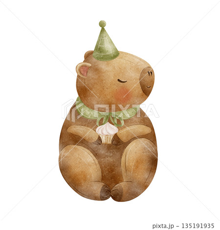 Capybara cupcake in birthday suit. Watercolor illustration of animal is hand-drawn in childish retro style. Sketch isolated from background for card design, poster, party invitation, holiday Christmas 135191935