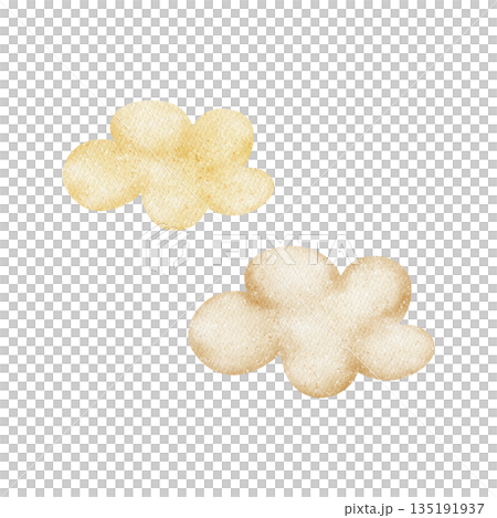 Watercolor airy clouds. Hand drawn illustration fluffy, soft sky in childish style. Elements beige, yellow colors, isolated from background for card designs posters nursery decor newborns baby parties 135191937