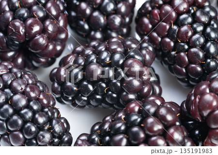 Ripe blackberries ready for dessert garnish with shiny skins, plump drupelets, sweettart balance and deep color, styled for pastry, plating, and premium menu photography 135191983