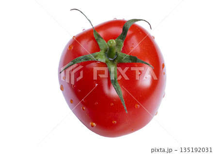 Juicy tomato artwork, Vibrant round tomato illustration, Glossy ripe tomato forms ideal culinary foundation, Shiny red tomato with smooth surface offers perfect cooking base 135192031