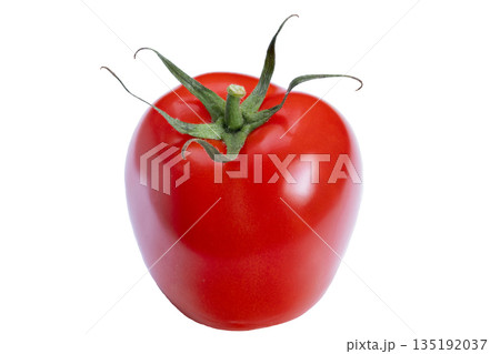 Closeup of fresh tomato, Vivid image of mature red tomato on plain background, Highresolution photograph of ripe red tomato with shiny surface and green calyx for mockup use 135192037