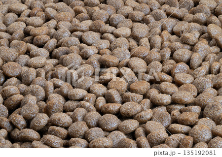 Premium pet nutrition showcase, Detailed visual emphasizing texture and quality of pet food, Highquality image highlighting appealing features of dog kibble product Premium pet nutrition showcase, Detailed visual emphasizing texture and quality of pet food, Highquality image highlighting appealing features of dog kibble product 135192081