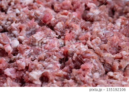 Uncooked chopped meat image emphasizing protein content and energy focus, Detailed view of raw ground meat highlighting nutritional aspects for athletes and fitness enthusiasts 135192106