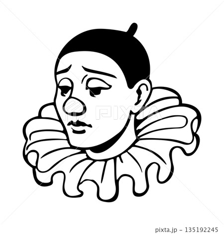 Head of sad Pierrot. Vector isolated illustration. Black and white Head of sad Pierrot. Vector isolated illustration. Black and white 135192245
