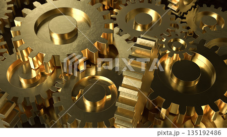 Golden Mechanical Gears Concept Representing Industry Engineering and Business Efficiency 3d render. 135192486