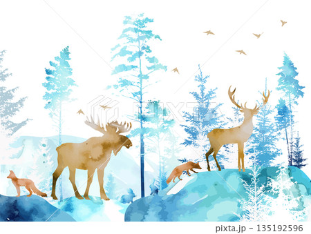 Winter snowy forest. Different animals in the forest abstract. hand drawing. Not AI, Vector illustration 135192596