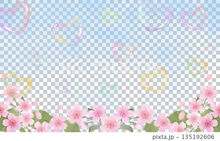 櫻花背景，飛舞著心型肥皂泡 135192606