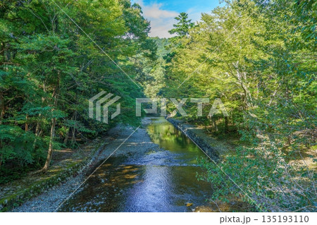 透明度の高い川面と石積みの護岸が美しい日本の原風景 透明度の高い川面と石積みの護岸が美しい日本の原風景 135193110