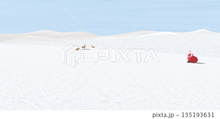 Minimalist snowscape with Santa Claus and lazy reindeers graphic illustration. Merry Christmas greeting card template have blank space. 135193631