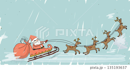 Santa Claus on sleigh with reindeers hand drawn childish style on sky background have blank space graphic illustration. Merry Christmas greeting card template. Santa Claus on sleigh with reindeers hand drawn childish style on sky background have blank space graphic illustration. Merry Christmas greeting card template. 135193637