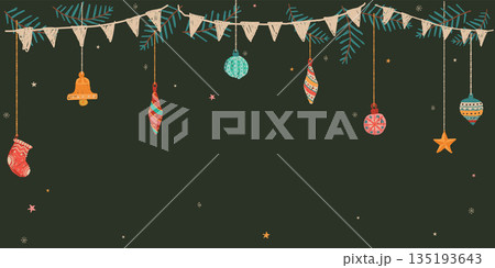 Various garlands hanging hand drawn childish style on green background graphic illustration. Merry Christmas greeting card rectangle template. Various garlands hanging hand drawn childish style on green background graphic illustration. Merry Christmas greeting card rectangle template. 135193643