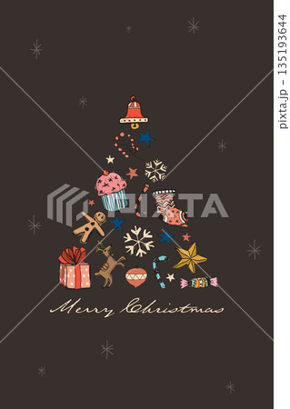 Abstract Christmas tree made from elements hand drawn childish style on brown background graphic illustration. Merry Christmas greeting card vertical template. Abstract Christmas tree made from elements hand drawn childish style on brown background graphic illustration. Merry Christmas greeting card vertical template. 135193644