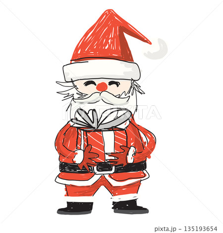 Santa Claus holging gift in hand isolated hand drawn childish style on white background graphic illustration. 135193654