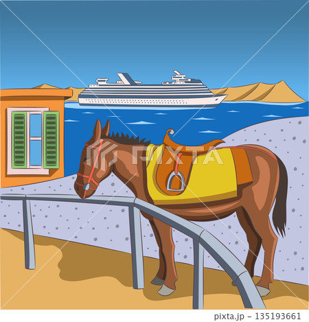 Donkey and Cruise Ship in Santorini, Greece 135193661