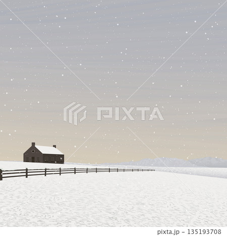 Snowfall in minimalist snowscape with farmland have mountain ranges and vanilla sky square background graphic illustration. Snowfall in minimalist snowscape with farmland have mountain ranges and vanilla sky square background graphic illustration. 135193708