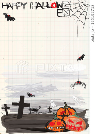 Happy Halloween with graveyard landscape hand drawn style on notebook paper vertical background graphic illustration. Flyer or invitation vertical template for Halloween party naive art with blank 135193718
