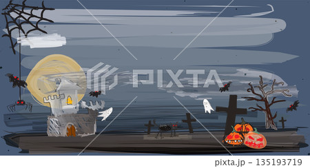 Halloween night graveyard landscape doodle style on night sky background graphic illustration. Flyer or invitation template for Halloween party with blank space. 135193719