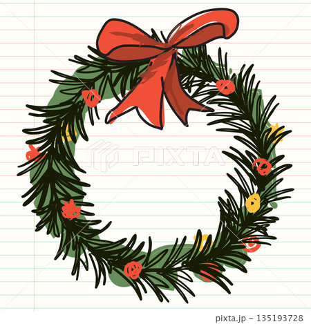 Frame of Christmas wreath hand drawn childish style on old notebook paper graphic illustration have blank space. Merry Christmas and Happy New Year greeting card square template. Frame of Christmas wreath hand drawn childish style on old notebook paper graphic illustration have blank space. Merry Christmas and Happy New Year greeting card square template. 135193728