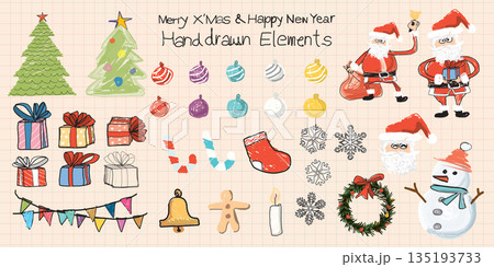 Christmas decoration elements hand drawn childish style graphic illustration. Christmas decoration elements hand drawn childish style graphic illustration. 135193733