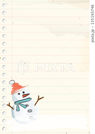 Snowman hand drawn childish style on old notebook paper vertical background have watercolors stained graphic illustration. Merry Christmas and Happy New Year greeting card template. Snowman hand drawn childish style on old notebook paper vertical background have watercolors stained graphic illustration. Merry Christmas and Happy New Year greeting card template. 135193746