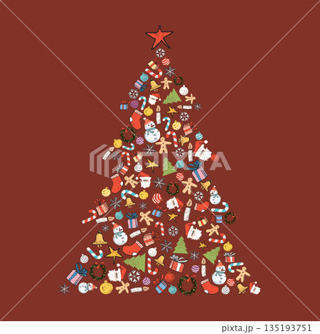Christmas tree made from Christmas elements hand drawn childish style on red background graphic illustration. Merry Christmas greeting card square template. 135193751