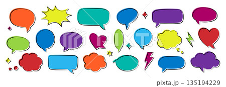 Colorful comic speech bubbles collection. Multicolor doodle talk balloons set for cartoon design, comics, and creative communication projects 135194229