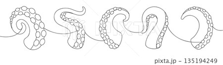 Octopus tentacles line art with suction cups. Marine fantasy illustration for tattoos, nautical themes, and sea monster decorative designs 135194249