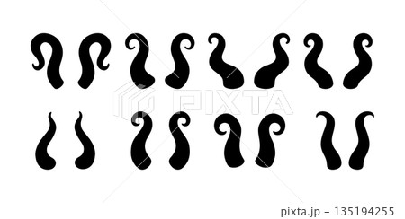 Set of black curved horns. Vector silhouette bull and demon horns for fantasy creatures, mascots, and design projects 135194255