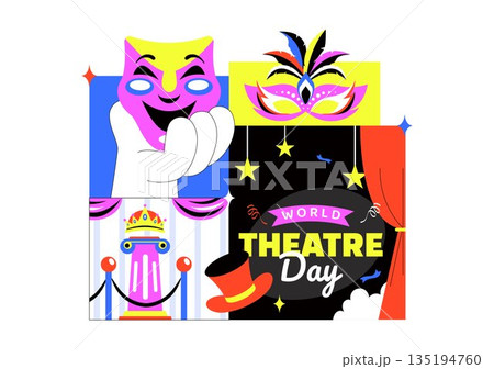 World Theatre Day Vector Illustration Featuring Comedy And Tragedy Masks, Red Curtains, Plus Elements Celebrating Performing Arts And Entertainment 135194760