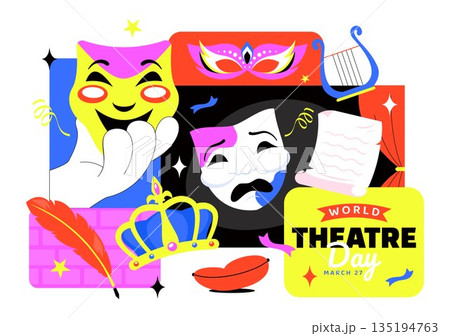 World Theatre Day Vector Illustration Featuring Comedy And Tragedy Masks, Red Curtains, Plus Elements Celebrating Performing Arts And Entertainment 135194763
