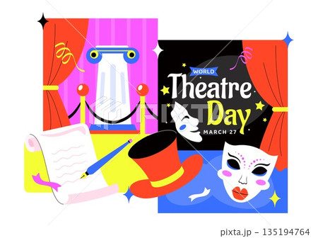 World Theatre Day Vector Illustration Featuring Comedy And Tragedy Masks, Red Curtains, Plus Elements Celebrating Performing Arts And Entertainment 135194764