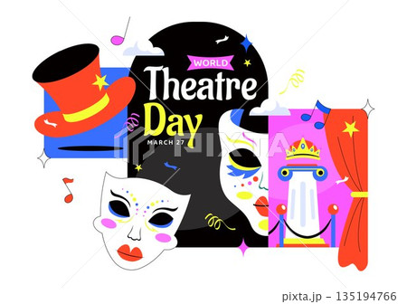 World Theatre Day Vector Illustration Featuring Comedy And Tragedy Masks, Red Curtains, Plus Elements Celebrating Performing Arts And Entertainment 135194766