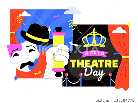 World Theatre Day Vector Illustration Featuring Comedy And Tragedy Masks, Red Curtains, Plus Elements Celebrating Performing Arts And Entertainment World Theatre Day Vector Illustration Featuring Comedy And Tragedy Masks, Red Curtains, Plus Elements Celebrating Performing Arts And Entertainment 135194770