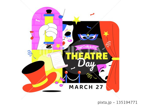 World Theatre Day Vector Illustration Featuring Comedy And Tragedy Masks, Red Curtains, Plus Elements Celebrating Performing Arts And Entertainment World Theatre Day Vector Illustration Featuring Comedy And Tragedy Masks, Red Curtains, Plus Elements Celebrating Performing Arts And Entertainment 135194771