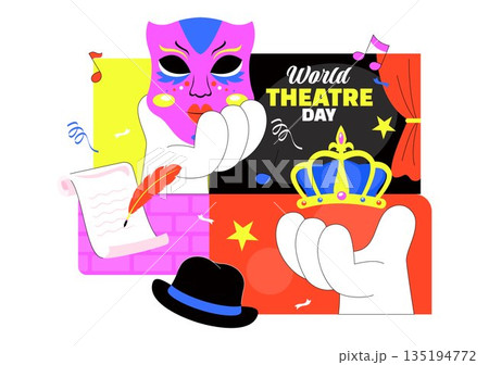World Theatre Day Vector Illustration Featuring Comedy And Tragedy Masks, Red Curtains, Plus Elements Celebrating Performing Arts And Entertainment World Theatre Day Vector Illustration Featuring Comedy And Tragedy Masks, Red Curtains, Plus Elements Celebrating Performing Arts And Entertainment 135194772