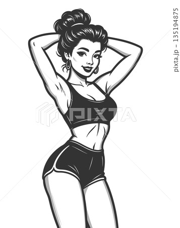 Woman Exercising in Activewear engraving raster 135194875