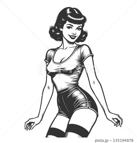 Pin-Up Girl Playful Pose engraving sketch raster 135194876