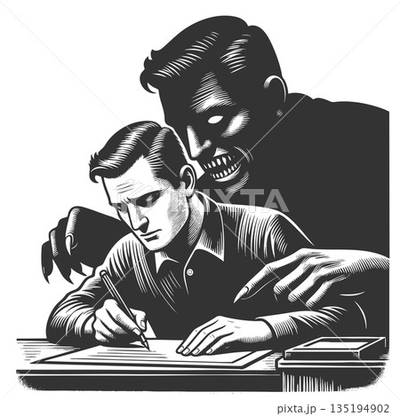 Dark shadow controlling man at desk sketch vector 135194902