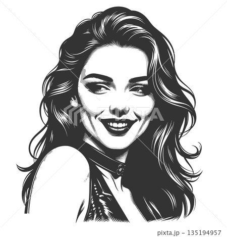 Smiling Woman with Wavy Hair engraving vector 135194957
