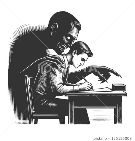 Dark shadow controlling man at desk sketch vector 135195008
