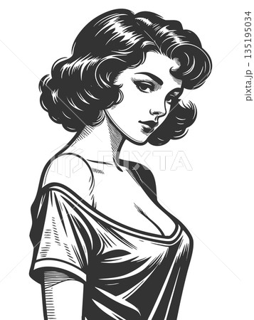 Woman with Seductive Expression engraving vector 135195034